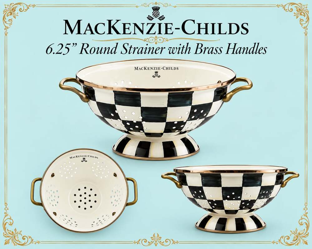 MacKenzie-Childs 6.25" Courtly Check Enamel Colander with Brass Handles